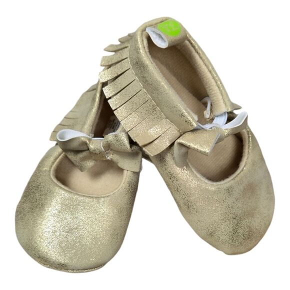 Baby Girl Gold Metallic Bow Moccasins Crib Shoes 6/9 M First Steps Pram Booties - Picture 1 of 10